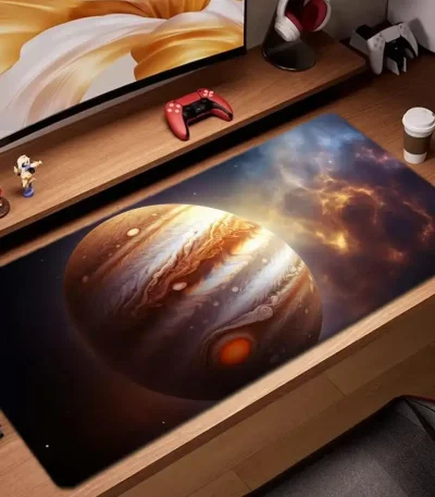 Tappetino da scrivania con immagine dettagliata di Giove, pianeta del sistema solare, con atmosfera e tempeste visibili, ideale per appassionati di astronomia e decorazioni scientifiche.
