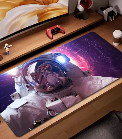 Tappetino da scrivania con immagine di astronauta nello spazio e sfondo galattico, ideale per decorare l'area di lavoro o studio con un tocco di avventura e scienza.