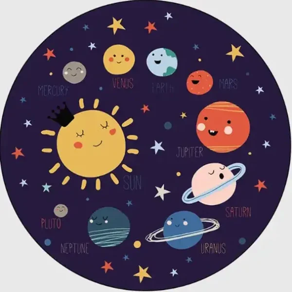 Rappresentazione colorata e simpatica del sistema solare con il Sole e i pianeti, tutti con faccine felici, circondati da stelle e pianeti minori in uno sfondo scuro.