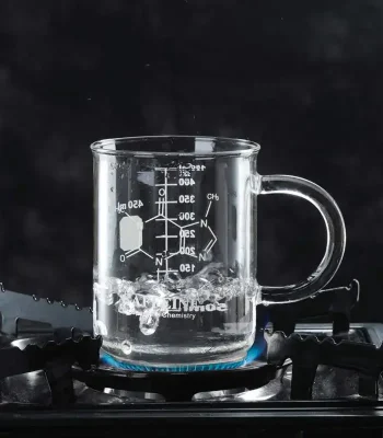 Becher di vetro con liquido in ebollizione su fornello a gas, evidenziando la scienza e la chimica. Perfetto come decorazione scientifica o oggetto da collezione.