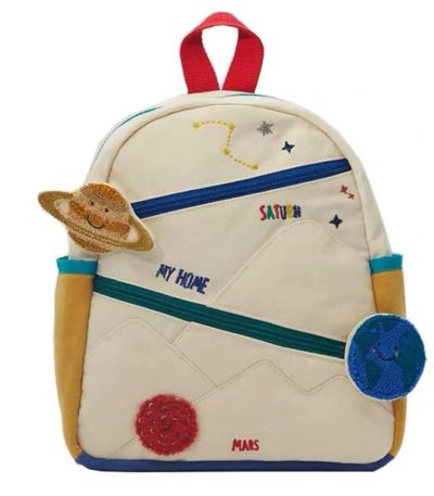 Zaino con decorazioni a tema spaziale, featuring pianeti, stelle e elementi colorati, ideale per appassionati di scienza e astronomia, perfetto per bambini e studenti.