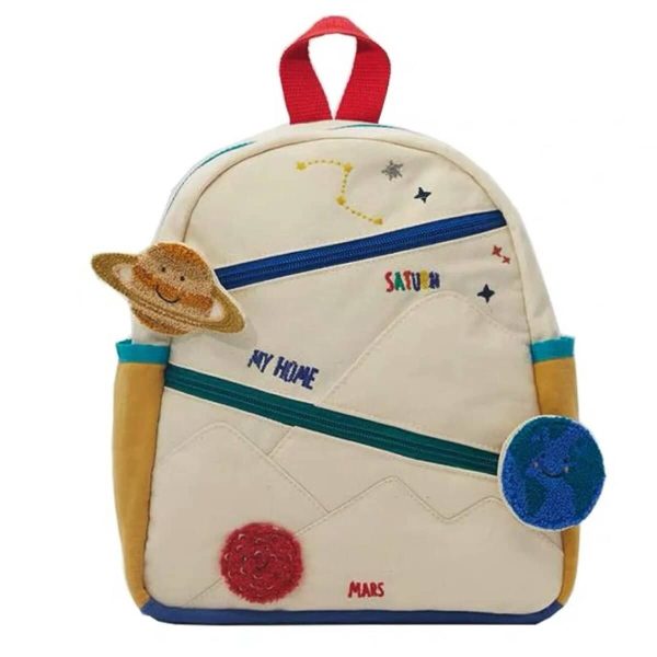 Zaino con decorazioni a tema spaziale, featuring pianeti, stelle e elementi colorati, ideale per appassionati di scienza e astronomia, perfetto per bambini e studenti.
