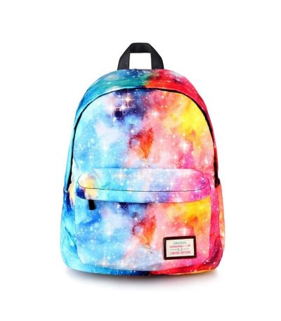 Zaino con stampa galassia multicolore, ideale come decorazione scientifica e accessorio di moda, perfetto per appassionati di astronomia e scienza.