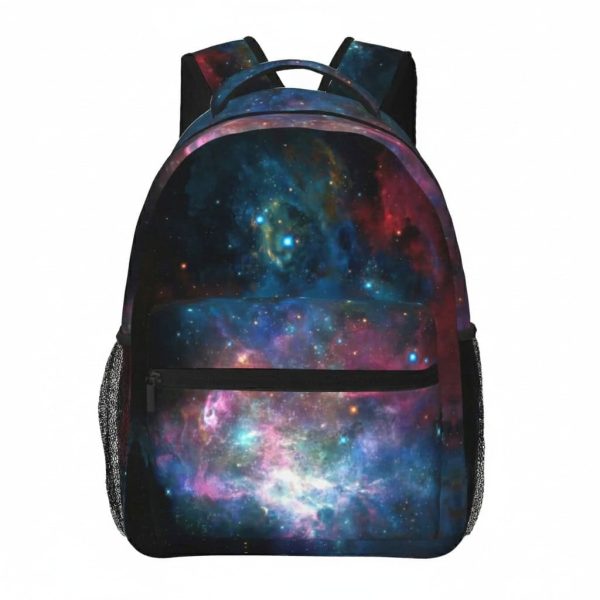 Zaino con design ispirato allo spazio e alla galassia, perfetto per appassionati di astronomia e decorazioni scientifiche, con ampio scomparto e tasche laterali in rete.