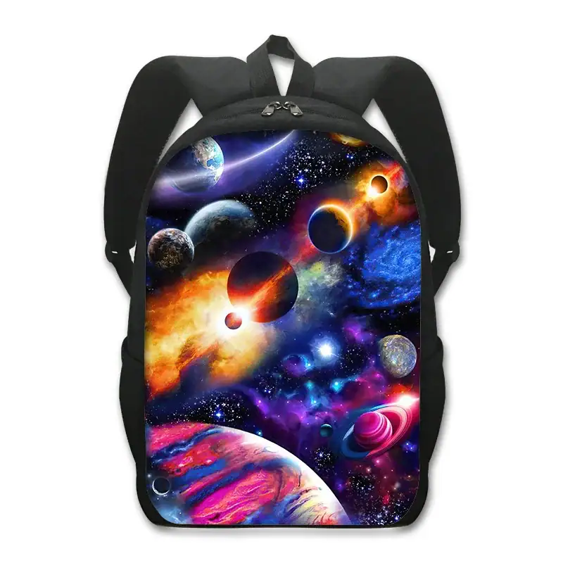 Zaino con stampa di pianeti e galassie, perfetto per appassionati di astronomia e scienza. Design vivace e dettagliato che richiama l'universo, ideale per studenti, appassionati o decorazioni scientif.