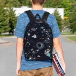Zaino con tema spaziale e oggetti scientifici, perfetto per studenti appassionati di astronomia e scienza. Design colorato con pianeti, stelle e galassie su sfondo nero.