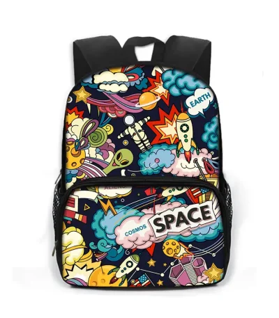 Zaino per bambini con design spaziale colorato, featuring astronavi, pianeti, stelle e elementi scientifici, perfetto per appassionati di spazio e scienza.