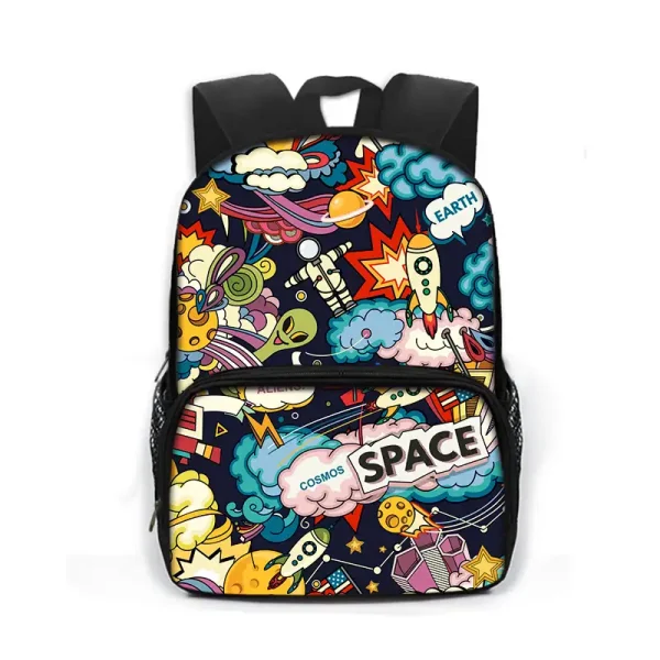 Zaino per bambini con design spaziale colorato, featuring astronavi, pianeti, stelle e elementi scientifici, perfetto per appassionati di spazio e scienza.