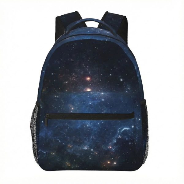 Zaino con design a tema galassia, perfetto per studenti e appassionati di astronomia, con spazio per libri, laptop e oggetti personali.