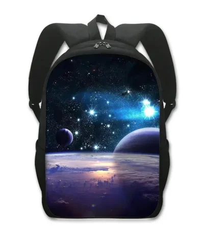 Zaino con stampa di scena spaziale, pianeti e stelle, perfetto per appassionati di astronomia e scienza.