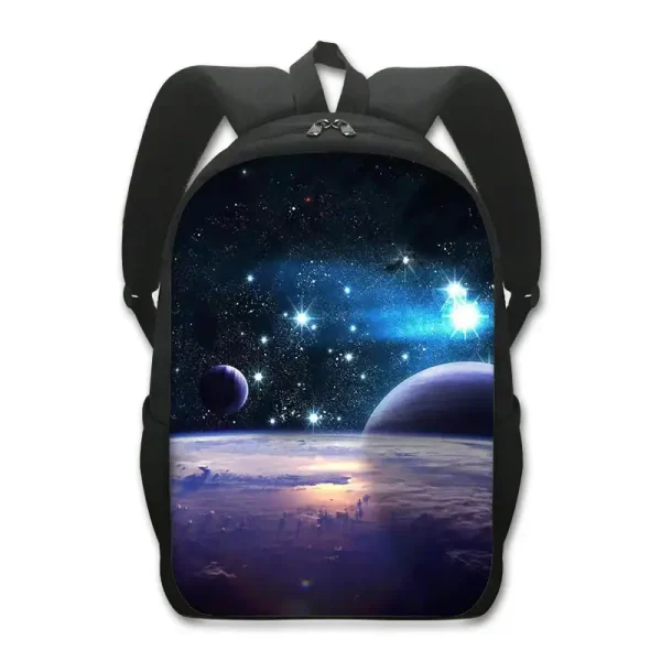 Zaino con stampa di scena spaziale, pianeti e stelle, perfetto per appassionati di astronomia e scienza.
