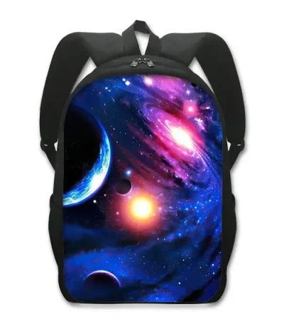 Zaino con stampa di spazio e galassie, perfetto per appassionati di astronomia e scienza, ideale per scuola e tempo libero.