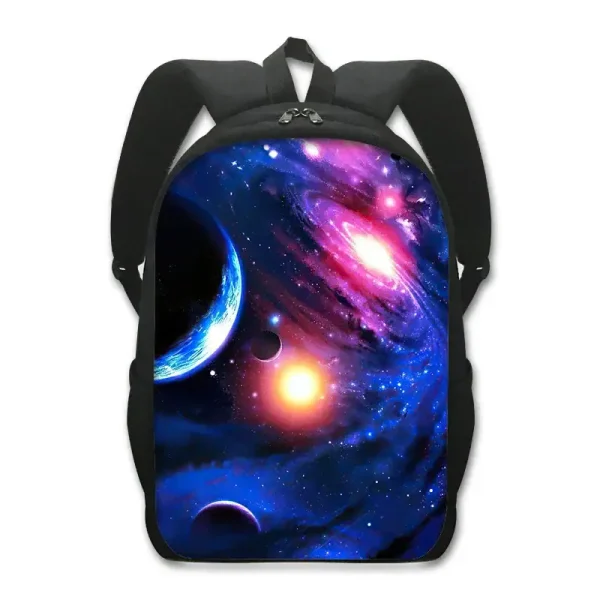 Zaino con stampa di spazio e galassie, perfetto per appassionati di astronomia e scienza, ideale per scuola e tempo libero.