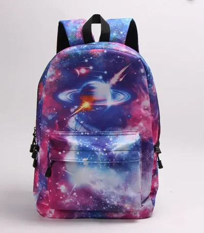 Zaino con stampa spaziale galattica, stelle e pianeti, ideale per studenti e appassionati di astronomia.