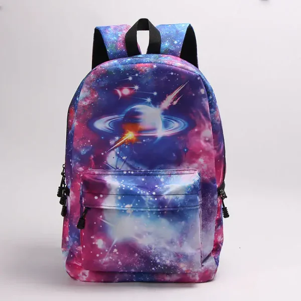 Zaino con stampa spaziale galattica, stelle e pianeti, ideale per studenti e appassionati di astronomia.