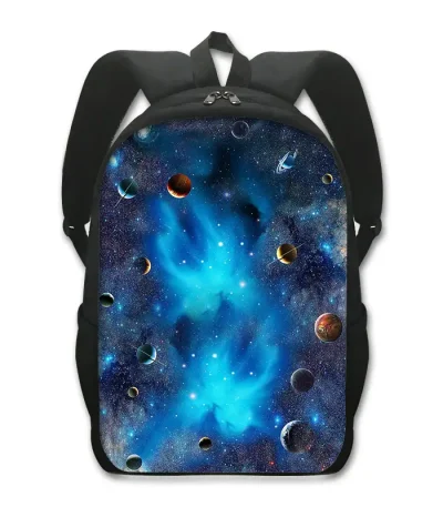 Zaino con stampa di galassia e pianeti, perfetto per appassionati di astronomia e scienza. Ideale per scuola, università o tempo libero, un accessorio originale e decorativo.