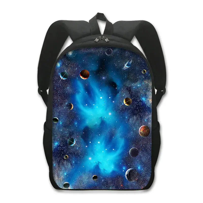 Zaino con stampa di galassia e pianeti, perfetto per appassionati di astronomia e scienza. Ideale per scuola, università o tempo libero, un accessorio originale e decorativo.