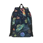 Zaino scolastico con stampa di pianeti, stelle e galassie in stile astronomico, perfetto per studenti e appassionati di spazio.