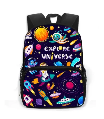 Zaino con design spaziale, stelle, pianeti e astronavi, perfetto per bambini appassionati di spazio e scienza. Ideale per scuola, viaggi o giochi, con spazio per libri e oggetti personali.