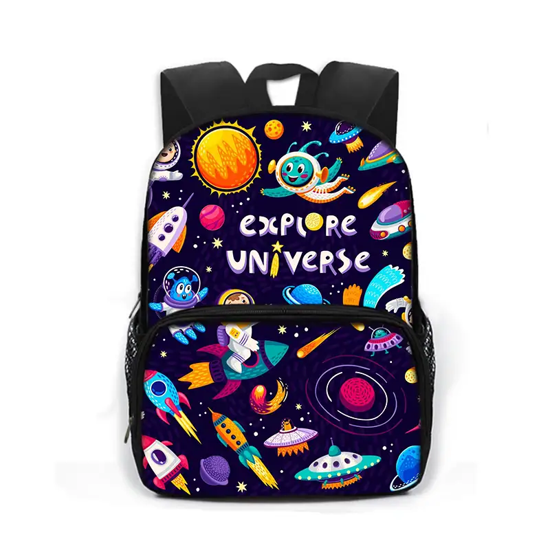 Zaino con design spaziale, stelle, pianeti e astronavi, perfetto per bambini appassionati di spazio e scienza. Ideale per scuola, viaggi o giochi, con spazio per libri e oggetti personali.