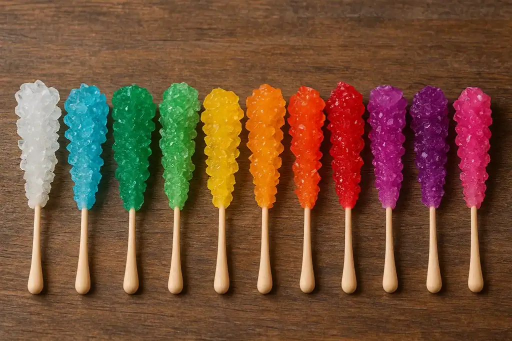 Bastoncini di zucchero colorati con superficie granulosa, disposti in ordine di colore su un tavolo di legno.