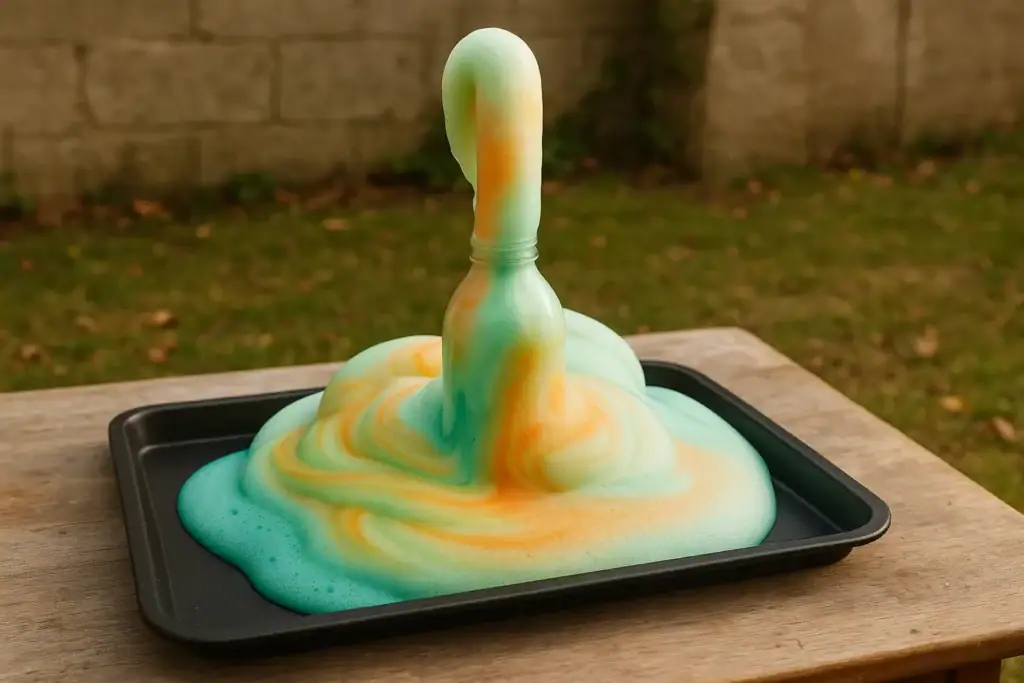 Modello di vulcano in plastilina con eruzione colorata, perfetto come decorazione scientifica educativa.