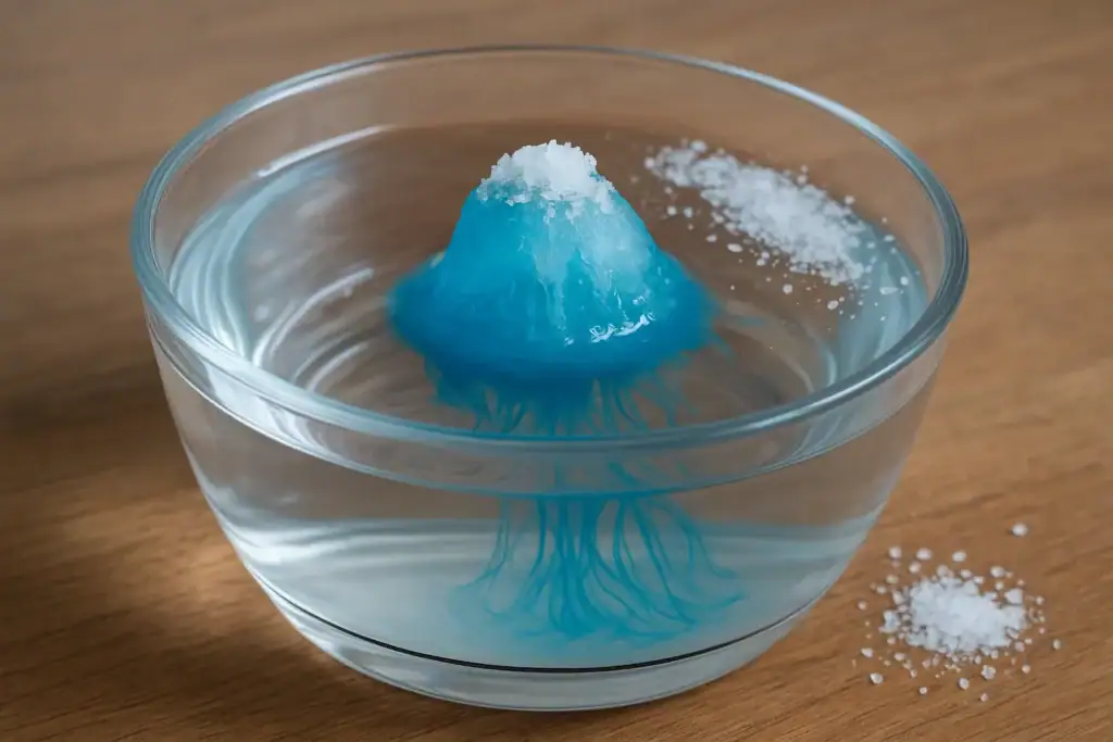 Un modello di vulcano in miniatura con lava blu in eruzione, immerso in un bicchiere d'acqua, con polvere bianca che simula l'esplosione. Perfetto come decorazione scientifica educativa e originale.