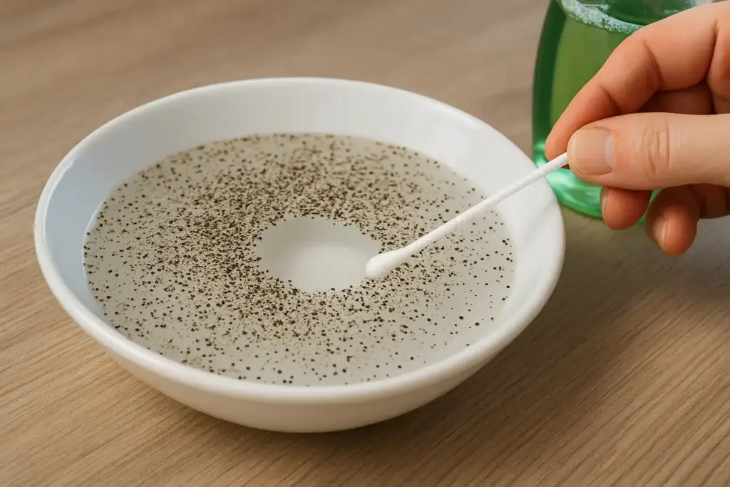 Polvere di semi di chia in una ciotola bianca con un bastoncino di cotone, sfondo di tavolo in legno e bottiglia di vetro verde sullo sfondo.