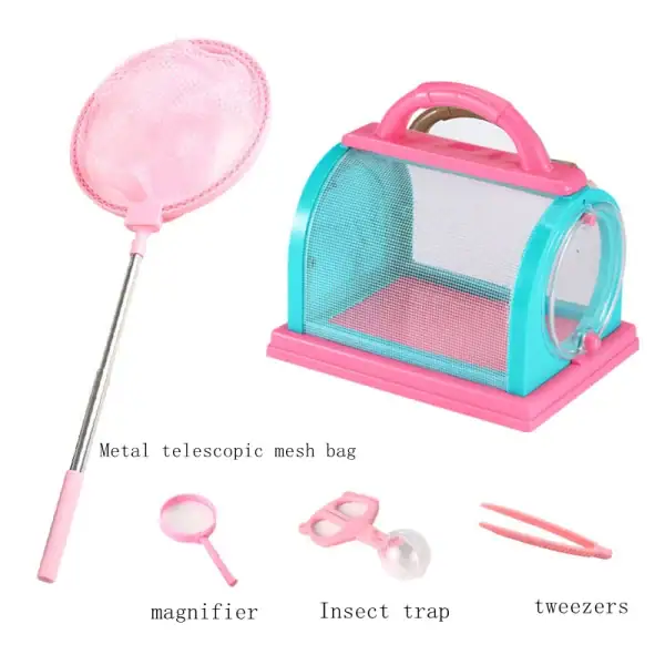 Rete da cattura insetti con manico in metallo, ideale per osservare e catturare insetti in modo sicuro. Include contenitore trasparente, lente, trappola e pinzette per un'esperienza educativa e divert.