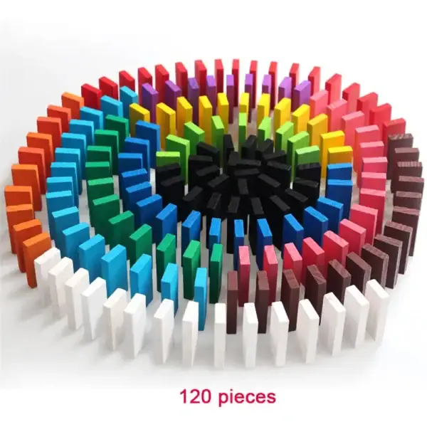 Set di 120 pezzi di domino colorati disposti in cerchio, ideali per giochi e decorazioni scientifiche.