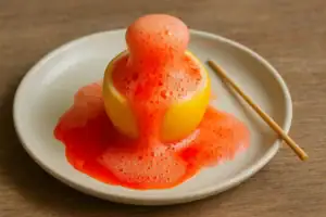 Sfera di limone con schiuma arancione e stuzzicadenti su piatto bianco, ispirata a un esperimento scientifico con reazioni chimiche colorate.