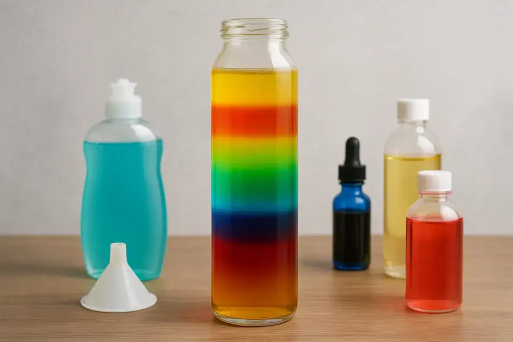 Vaso di vetro con liquido colorato a strisce arcobaleno, circondato da flaconi di laboratorio e contagocce, ideale come decorazione scientifica o oggetto da collezione.
