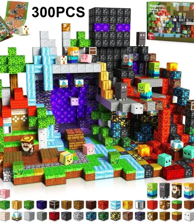 Oggetto di gioco con blocchi di costruzione per bambini e appassionati di modellismo, ispirato a Minecraft, con figure e ambientazioni colorate e dettagliate.