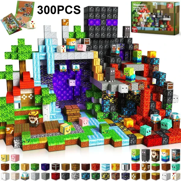 Oggetto di gioco con blocchi di costruzione per bambini e appassionati di modellismo, ispirato a Minecraft, con figure e ambientazioni colorate e dettagliate.