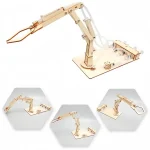 Braccio robotico in legno per esperimenti e decorazioni scientifiche, ideale per studenti e appassionati di tecnologia. Design dettagliato e funzionale, perfetto per progetti educativi e decorativi a.