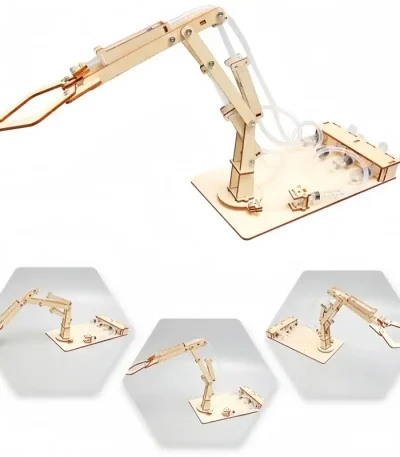Braccio robotico in legno per esperimenti e decorazioni scientifiche, ideale per studenti e appassionati di tecnologia. Design dettagliato e funzionale, perfetto per progetti educativi e decorativi a.