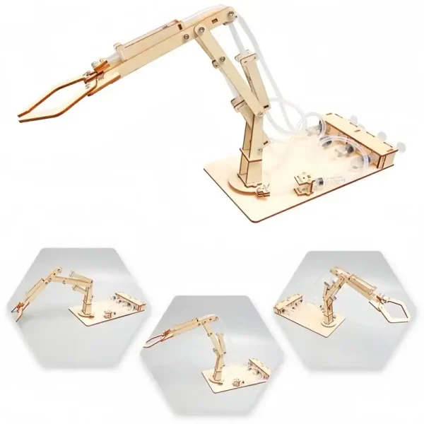 Braccio robotico in legno per esperimenti e decorazioni scientifiche, ideale per studenti e appassionati di tecnologia. Design dettagliato e funzionale, perfetto per progetti educativi e decorativi a.