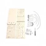 Kit di componenti in plastica bianca per assemblaggio robotico ed elettronico, con motori, cavi e strumenti di precisione. Ideale per progetti educativi e hobby tecnologici.