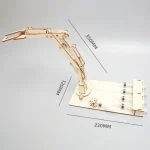 Braccio robotico in legno con misure di 350mm di altezza, 230mm di lunghezza e 720mm di estensione, ideale per progetti educativi e decorazioni scientifiche.
