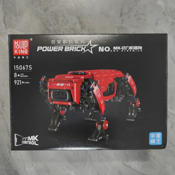 Robot da costruire Power Brick, modello MK, con dettagli in rosso e nero, perfetto per bambini e appassionati di robotica, età 8+ anni, con controllo remoto e funzioni dinamiche.