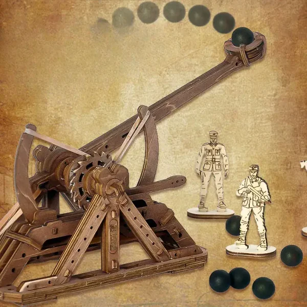 Modello di gioco scientifico in legno con palla nera e meccanismo di lancio, decorato con figure di soldati, ideale come decorazione educativa e decorativa.