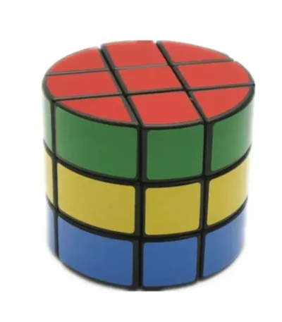 Puzzle cilindrico colorato con facce di diversi colori, ideale come decorazione scientifica o oggetto da collezione.