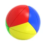 Palla di plastica colorata con sezioni rosse, blu, gialle e verdi, ideale come oggetto decorativo o giocattolo scientifico.