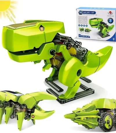 Robot T-Rex in verde con dettagli meccanici, articolazioni e accessori inclusi, ideale per appassionati di tecnologia e decorazioni scientifiche.