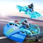 Due veicoli futuristici a levitazione magnetica con piloti in tuta spaziale, in corsa su una pista moderna, con un design innovativo e tecnologia avanzata.