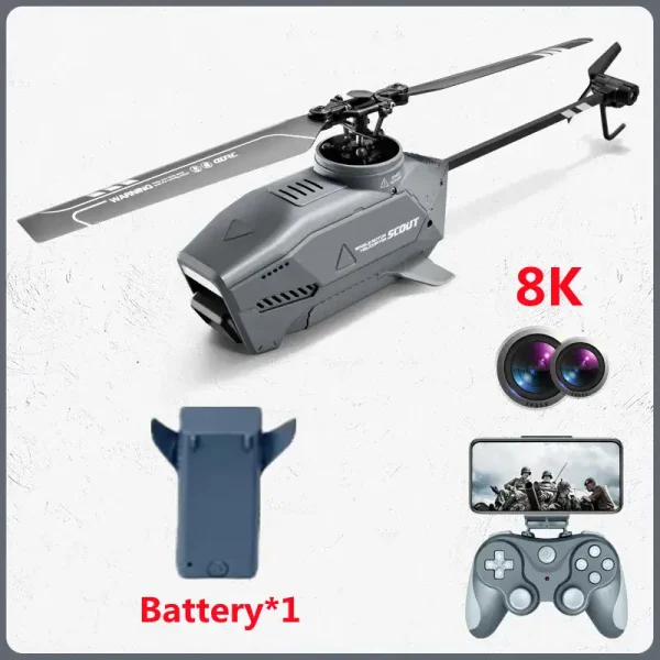 Drone ricognitore con telecamera 8K, sistema di volo avanzato e design compatto, ideale per sorveglianza e fotografia aerea.
