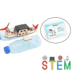 Robot educativo fai-da-te con motore, sensori e bottiglia di plastica, ideale per progetti STEM e attività didattiche per bambini e studenti.