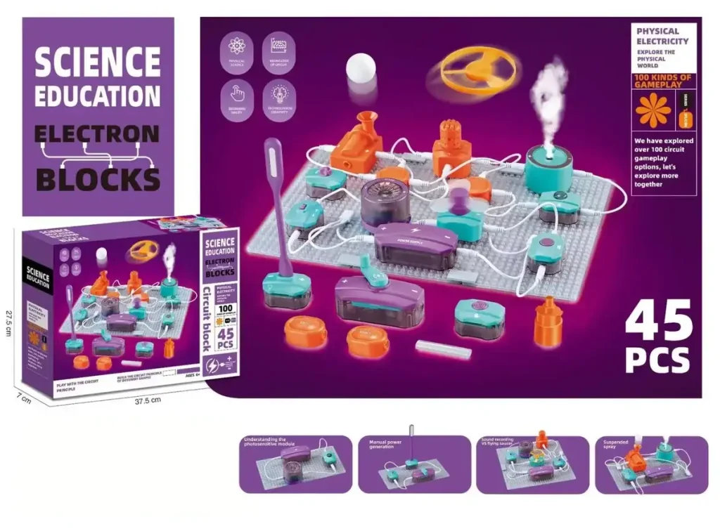 Gioco di circuito elettrico educativo per bambini di 6 anni, comprendente 45 pezzi per imparare l'elettricità in modo ludico.