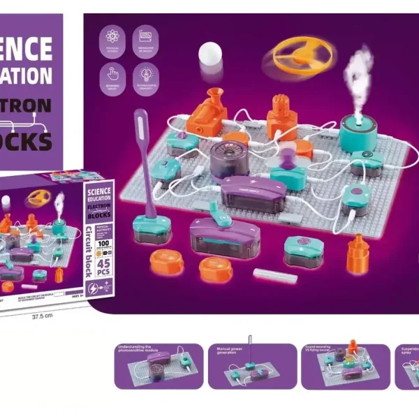 Gioco di circuito elettrico educativo per bambini di 6 anni, comprendente 45 pezzi per imparare l'elettricità in modo ludico.