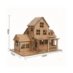 Casetta in legno dettagliata con finestre e portico, ideale come decorazione scientifica o per uccelli. Realizzata in legno naturale, misura 26x15x18 cm, perfetta per ambienti educativi e decorativi.